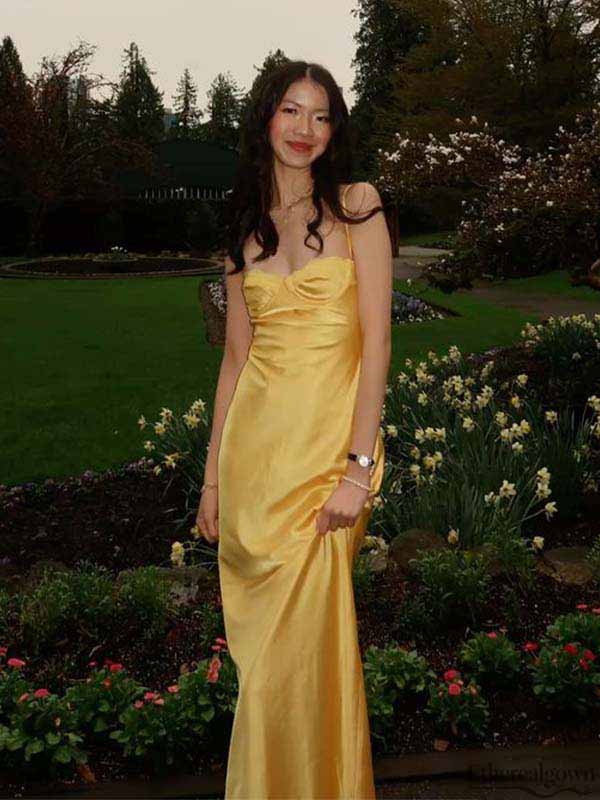 Etherealgown-Chic Buttercup Yellow Satin Sweetheart Spaghetti Strap Open Back Evening Gown