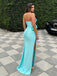 Classic Mint Green Satin Strapless Ruches Flower Accent High-Slit Mermaid  Prom Dress