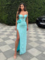 Classic Mint Green Satin Strapless Ruches Flower Accent High-Slit Mermaid  Prom Dress