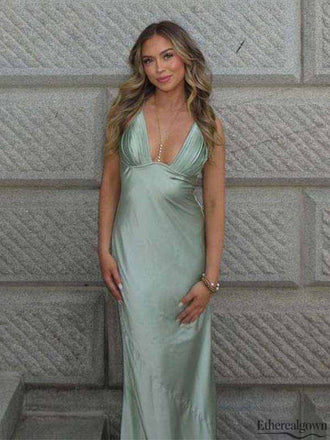 Etherealgown-Classy Sage Green Satin Halter V-neck Spaghetti Strap Mermaid Evening Gown