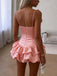 Elegant Blush Pink Satin Ruffled Spaghetti Strap A-line Mini Dress