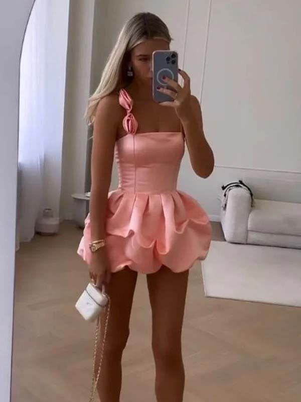 Elegant Blush Pink Satin Ruffled Spaghetti Strap A-line Mini Dress
