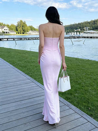 Elegant Blush Pink Satin Strapless Ruched Mermaid Long Prom Dress