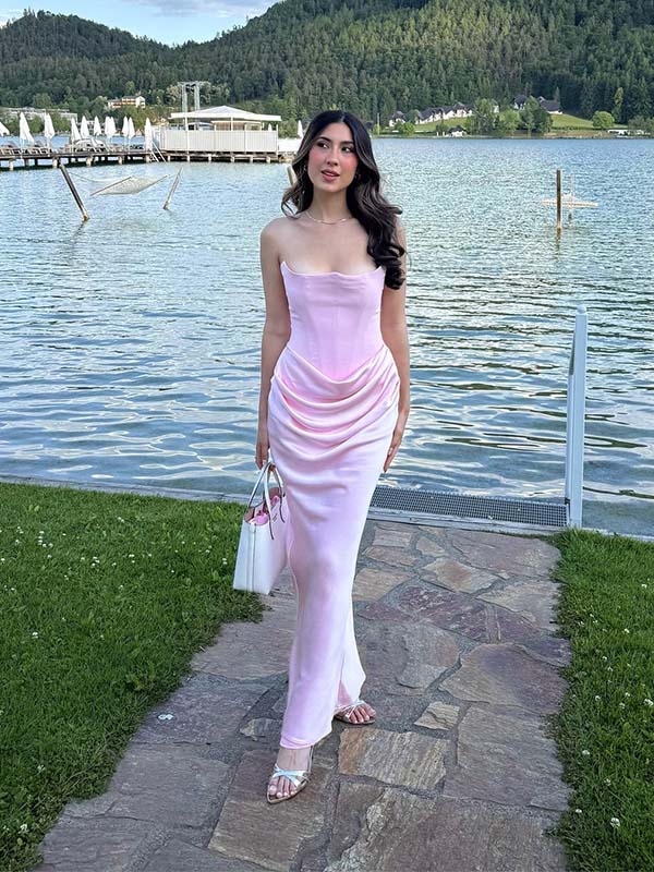 Elegant Blush Pink Satin Strapless Ruched Mermaid Long Prom Dress