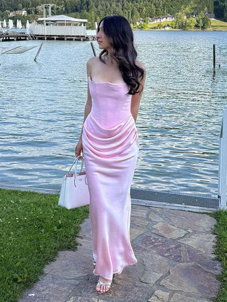 Elegant Blush Pink Satin Strapless Ruched Mermaid Long Prom Dress