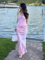 Elegant Blush Pink Satin Strapless Ruched Mermaid Long Prom Dress