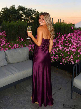 Etherealgown-Elegant Deep Plum Satin Sweetheart Strapless Mermaid Long Evening Gown