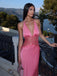 Elegant Hot Pink Satin V-neck Halter Lace Open-Back Mermaid  Prom Dress