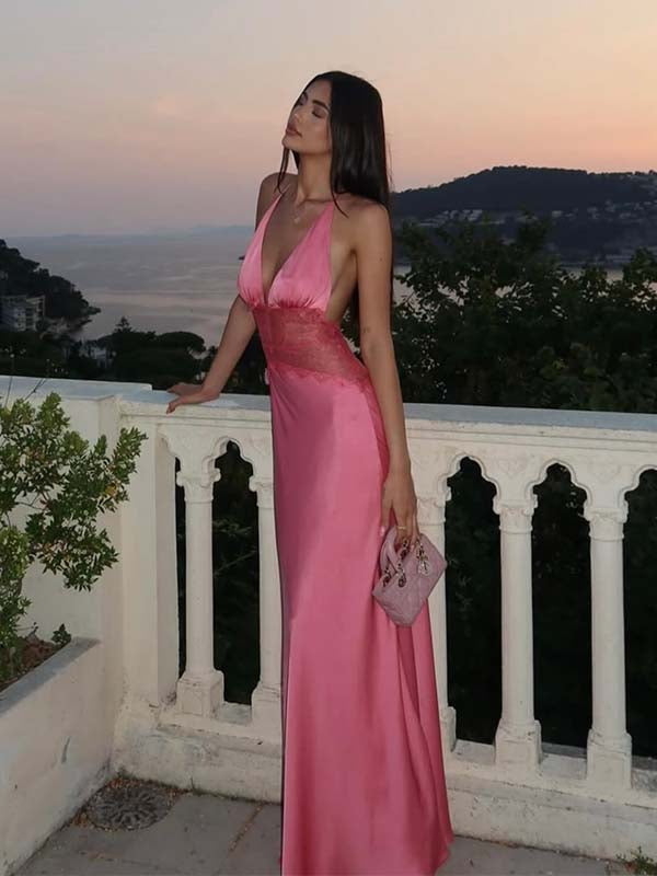 Elegant Hot Pink Satin V-neck Halter Lace Open-Back Mermaid  Prom Dress