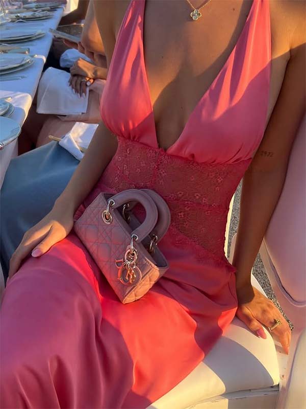 Elegant Hot Pink Satin V-neck Halter Lace Open-Back Mermaid  Prom Dress