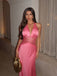 Elegant Hot Pink Satin V-neck Halter Lace Open-Back Mermaid  Prom Dress