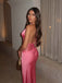 Elegant Hot Pink Satin V-neck Halter Lace Open-Back Mermaid  Prom Dress