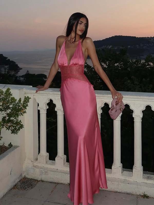 Elegant Hot Pink Satin V-neck Halter Lace Open-Back Mermaid  Prom Dress