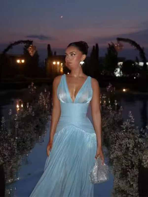 Etherealgown-Elegant Ice Blue Shimmer Tulle Plunging V-Neck Side Slit A-line Evening Gown