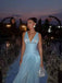 Etherealgown-Elegant Ice Blue Shimmer Tulle Plunging V-Neck Side Slit A-line Evening Gown