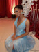Etherealgown-Elegant Ice Blue Shimmer Tulle Plunging V-Neck Side Slit A-line Evening Gown