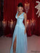 Etherealgown-Elegant Ice Blue Shimmer Tulle Plunging V-Neck Side Slit A-line Evening Gown