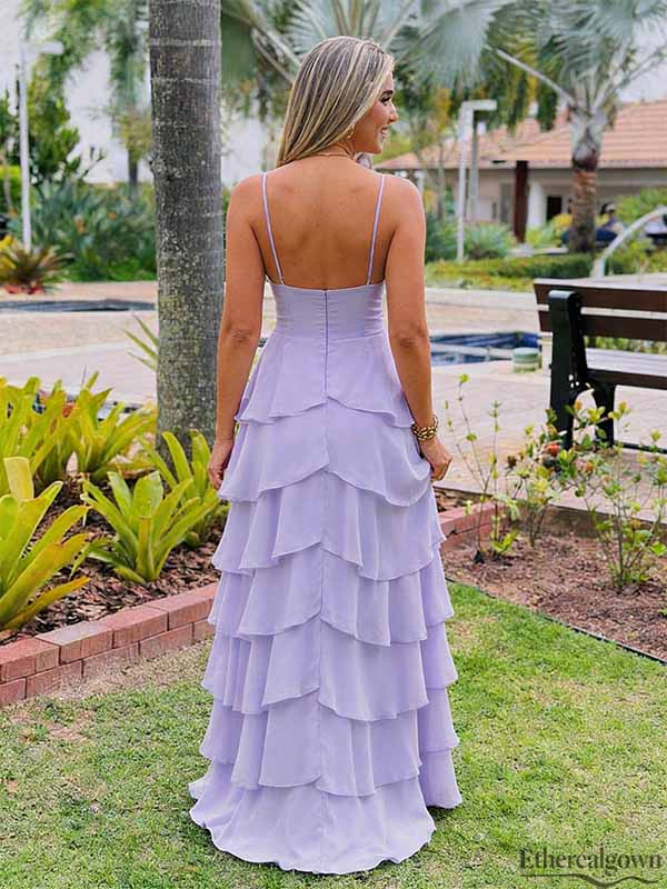 Etherealgown-Elegant Lavender Chiffon Sweetheart Spaghetti Strap Tiered Ruffle A-line Prom Dress