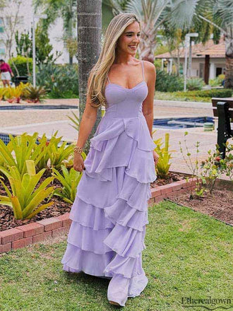 Etherealgown-Elegant Lavender Chiffon Sweetheart Spaghetti Strap Tiered Ruffle A-line Prom Dress