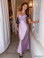Elegant Lavender Satin V-neck Lace-Trimmed Spaghetti Strap Formal Dress