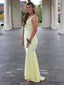 Elegant Lemon Yellow Satin Deep V-neck Backless Mermaid Formal Dress