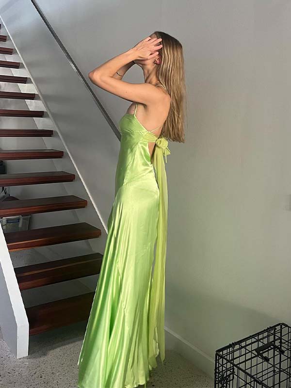 Elegant Lime Green Satin Crisscross Back High-Slit Mermaid Formal Summer Gown