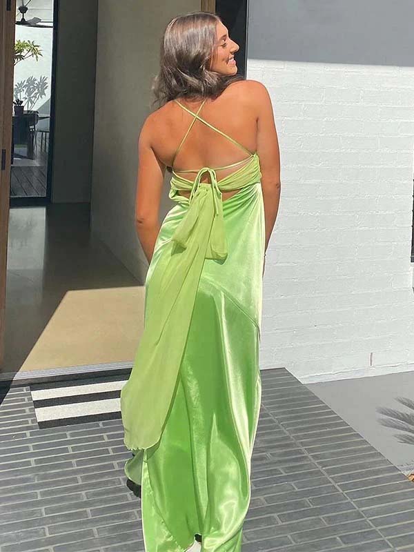 Elegant Lime Green Satin Crisscross Back High-Slit Mermaid Formal Summer Gown