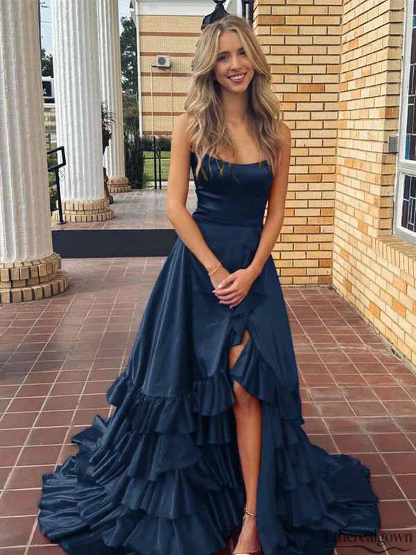 Etherealgown-Elegant Navy Blue Satin Strapless Tiered Ruffle Side Slit A-line Formal Dress