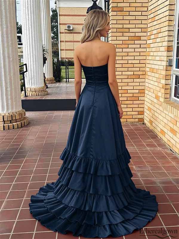 Etherealgown-Elegant Navy Blue Satin Strapless Tiered Ruffle Side Slit A-line Formal Dress