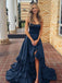 Etherealgown-Elegant Navy Blue Satin Strapless Tiered Ruffle Side Slit A-line Formal Dress