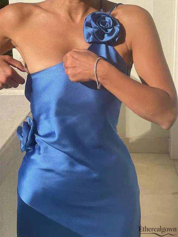 Etherealgown-Elegant Royal Blue Satin One-Shoulder Backless Floral Accent Formal Dress