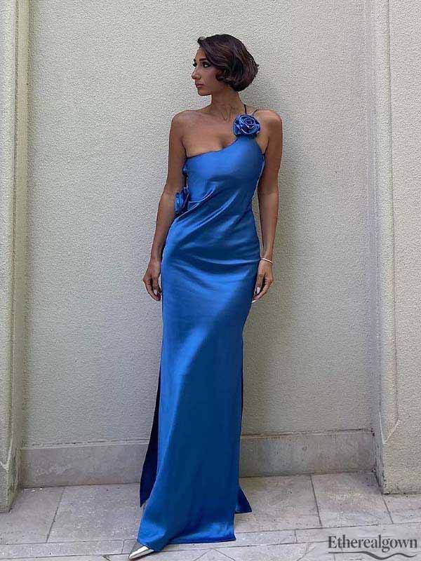 Etherealgown-Elegant Royal Blue Satin One-Shoulder Backless Floral Accent Formal Dress