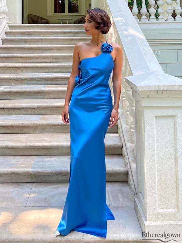 Elegant Royal Blue Satin One-Shoulder Backless Floral Accent Formal Dress
