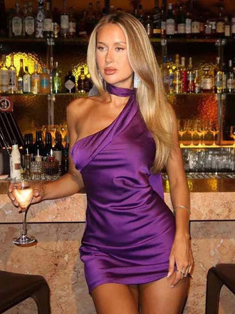 Elegant Royal Purple Satin Halter Backless Bodycon Mini Dress