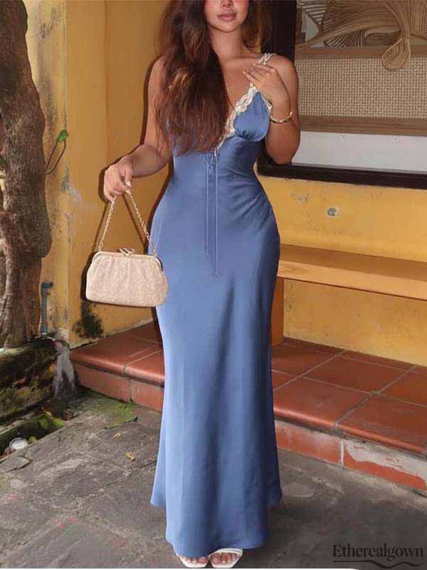 Etherealgown-Elegant Satin V-neck Spaghetti Strap Lace-Trimmed Mermaid Formal Dress