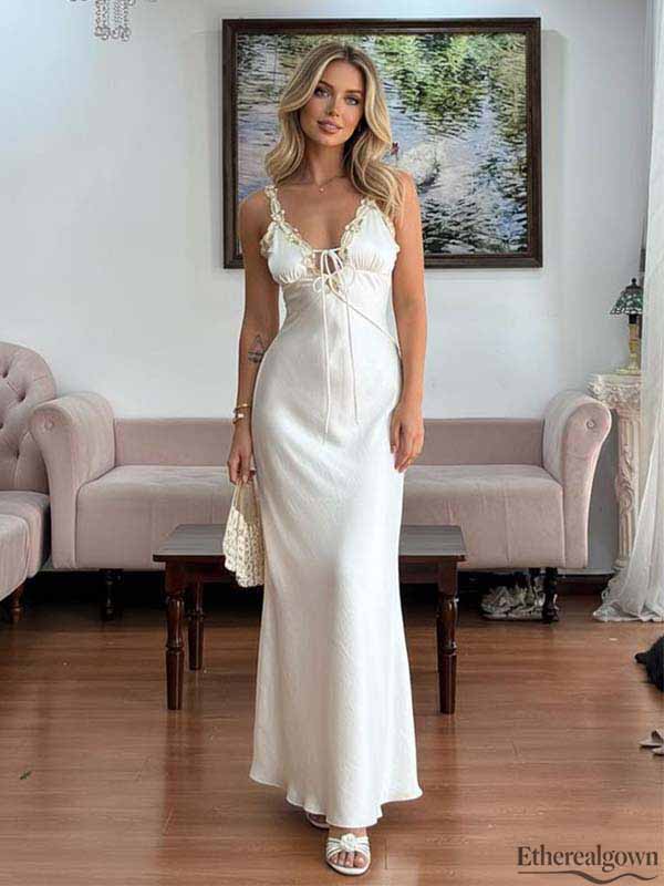Etherealgown-Elegant Satin V-neck Spaghetti Strap Lace-Trimmed Mermaid Formal Dress