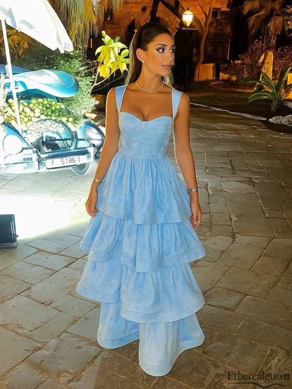 Elegant Sky Blue Tiered Tulle Sweetheart A-line Formal Dress