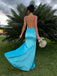 Elegant Turquoise Satin Spaghetti Stap High-Slit Backless Mermaid  Prom Dress
