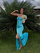 Elegant Turquoise Satin Spaghetti Stap High-Slit Backless Mermaid  Prom Dress