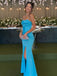 Elegant Turquoise Satin Spaghetti Stap High-Slit Backless Mermaid  Prom Dress