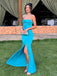 Elegant Turquoise Satin Spaghetti Stap High-Slit Backless Mermaid  Prom Dress