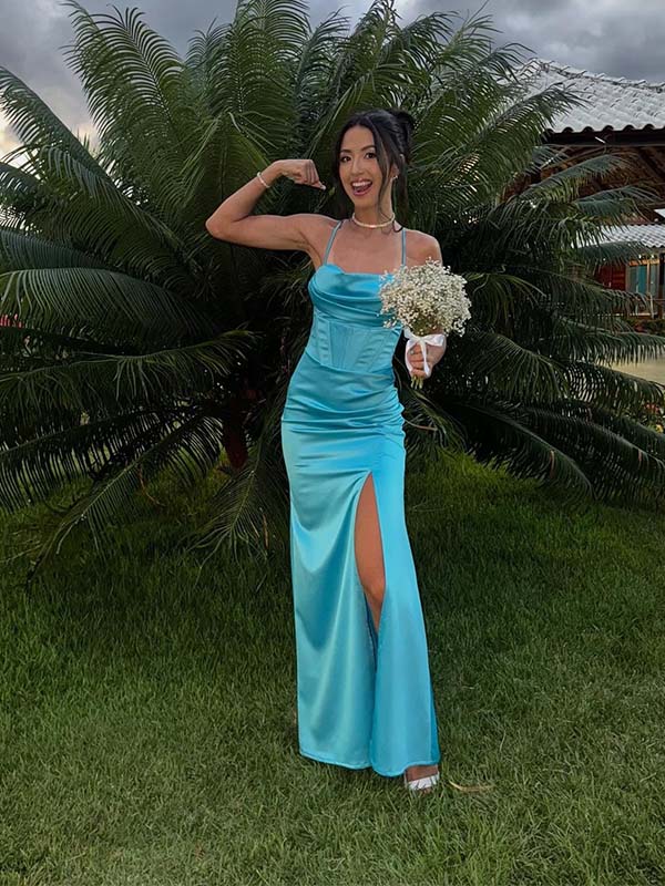 Elegant Turquoise Satin Spaghetti Stap High-Slit Backless Mermaid  Prom Dress