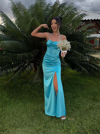 Elegant Turquoise Satin Spaghetti Stap High-Slit Backless Mermaid  Prom Dress