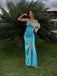 Elegant Turquoise Satin Spaghetti Stap High-Slit Backless Mermaid  Prom Dress