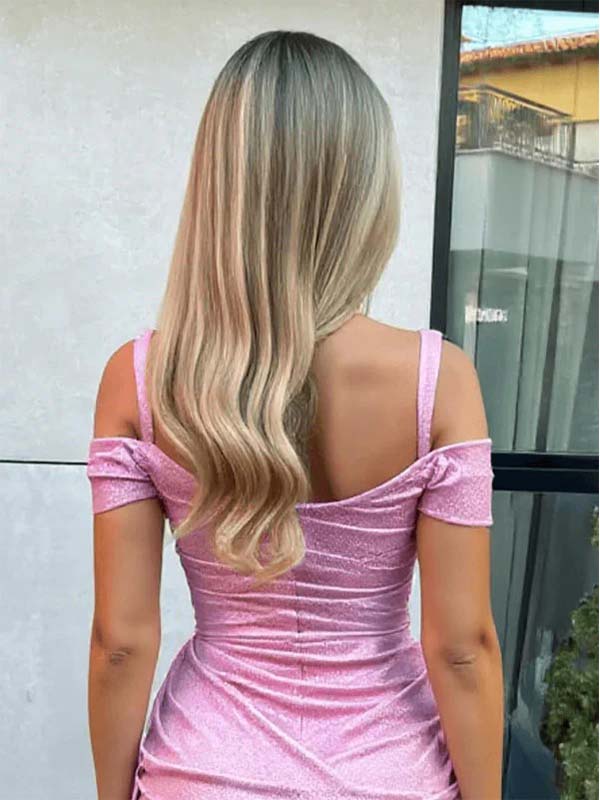Glitzy Pink Glitter Off-the-Shoulder Ruched Train Bodycon Mini Dress