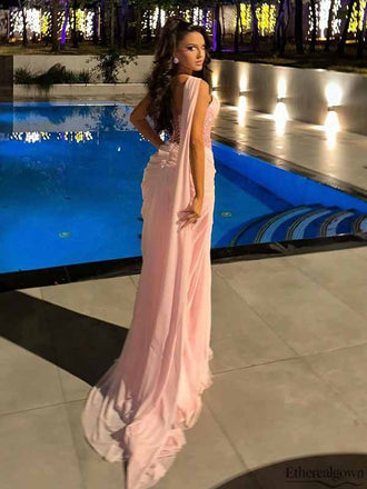 Etherealgown-Gorgeous Blush Pink Chiffon One-Shoulder Sequin Sweetheart Mermaid Evening Gown