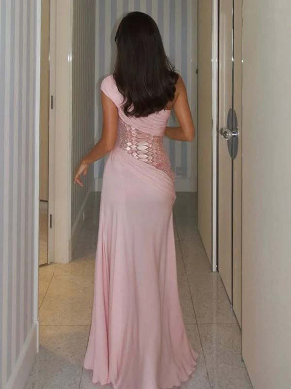 Gorgeous Blush Pink One-Shoulder Sequin Mermaid Long Prom Dress