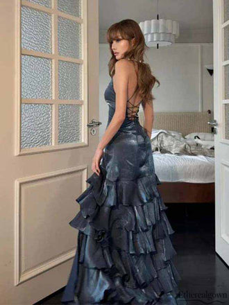 Etherealgown-Gorgeous Gunmetal Blue Satin Ruffled Lace-Up Back Side Slit Mermaid Long Prom Dress