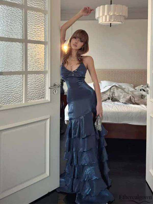 Etherealgown-Gorgeous Gunmetal Blue Satin Ruffled Lace-Up Back Side Slit Mermaid Long Prom Dress