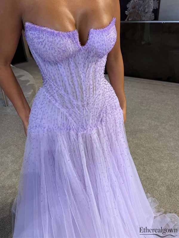 Gorgeous Lavender Tulle Beaded Strapless A-line Formal Dress